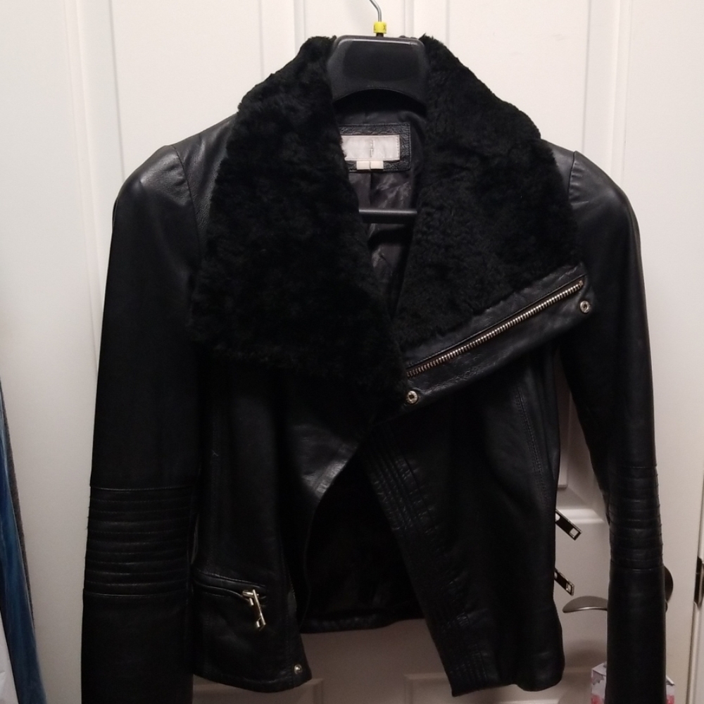 Badgley Mischka Shearling Trim Leather Jacket